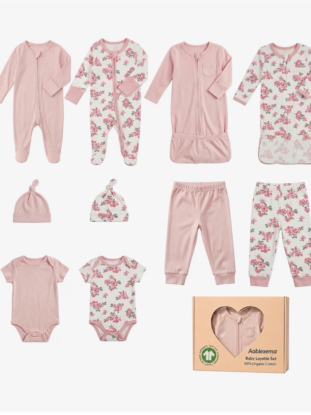 Aablexema Organic Cotton Baby Girl Newborn 10pc Layette Set Floral NIB